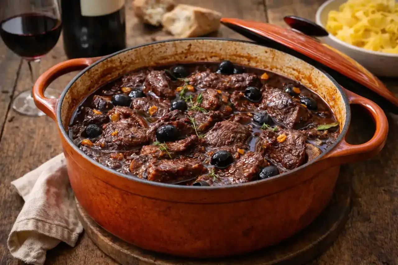Un plat mijoté de daube de boeuf, parfumé aux olives noires et au thym, servi dans une cocotte en fonte.