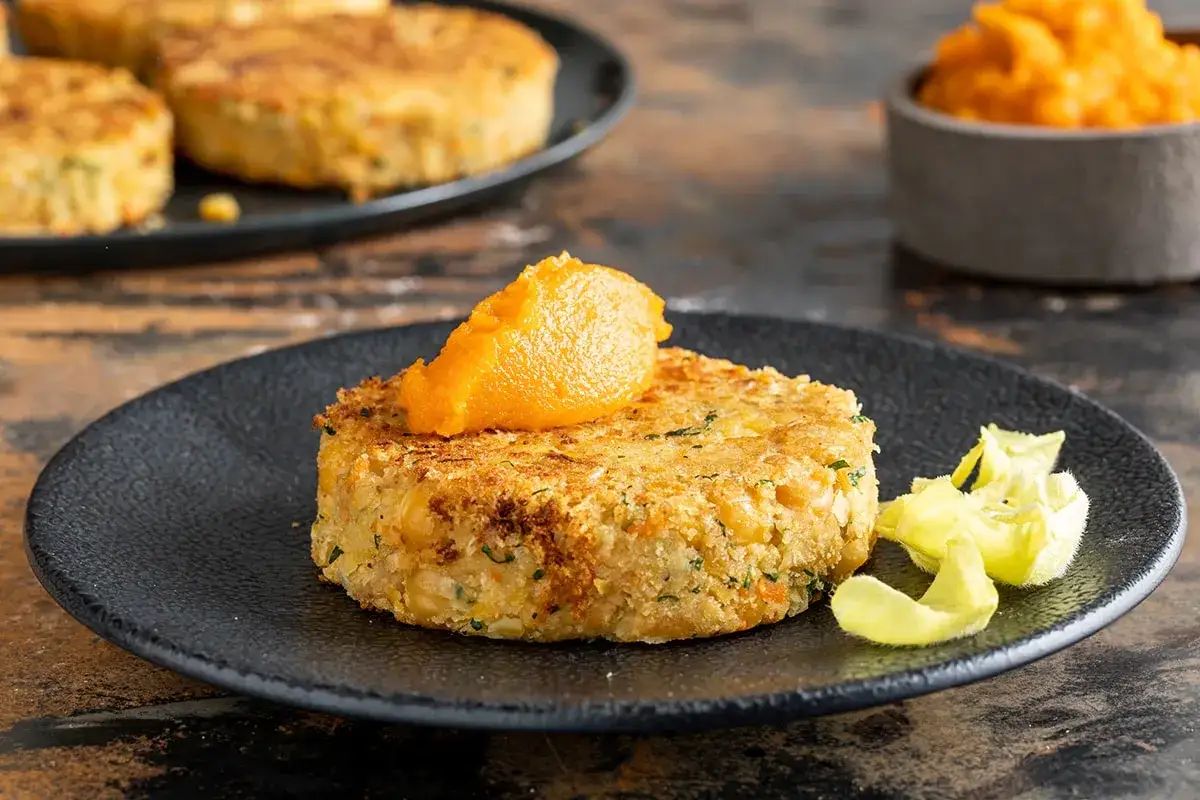 Burger di ceci in scatola dorato e croccante, guarnito con purea arancione e scorzette gialle. Un'idea gustosa per le tue ricette con i ceci in scatola.