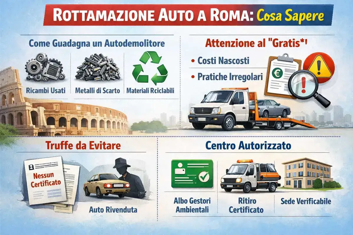 Guida alla rottamazione auto a Roma: scopri come evitare truffe e trovare un centro autorizzato, anche per un bonus rottamazione auto senza acquisto.