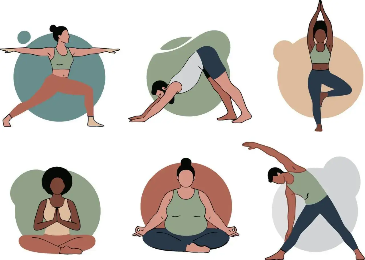 Sei posizioni di yoga diverse, che mostrano cos'è un'asana yoga: equilibrio, allungamento e meditazione.