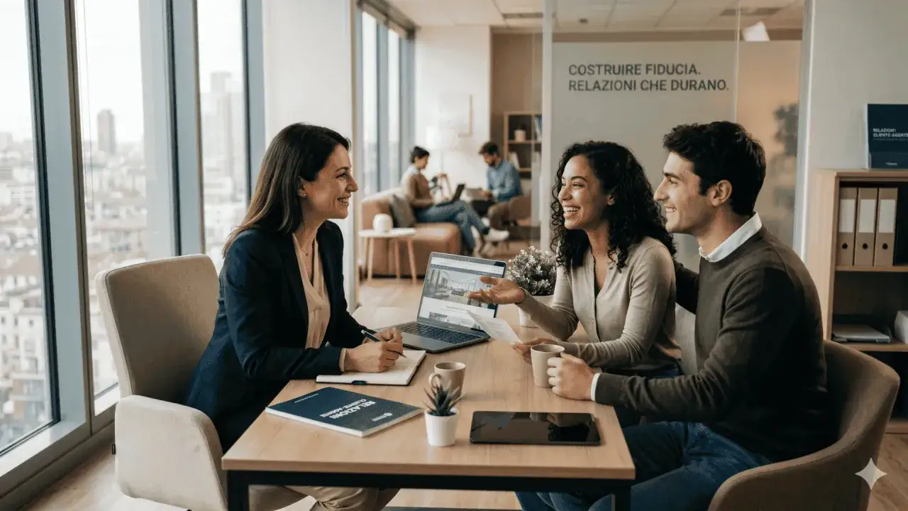 Un agente di commercio cosa fa: incontra clienti per costruire relazioni durature. Sorrisi e professionalità in un ufficio moderno.