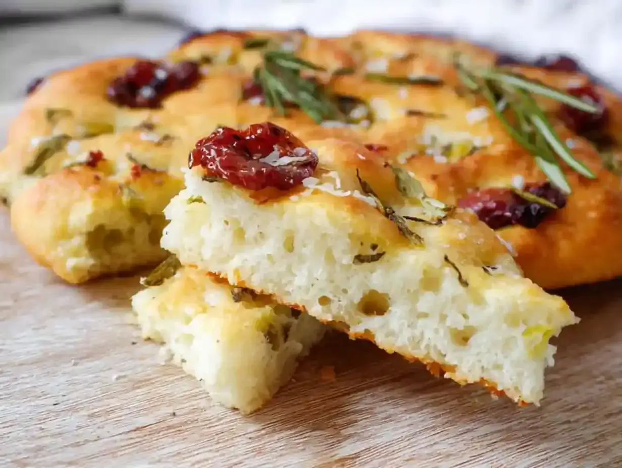 En fluffig focaccia med soltorkade tomater och rosmarin, perfekt f&ouml;r en mysig fika.