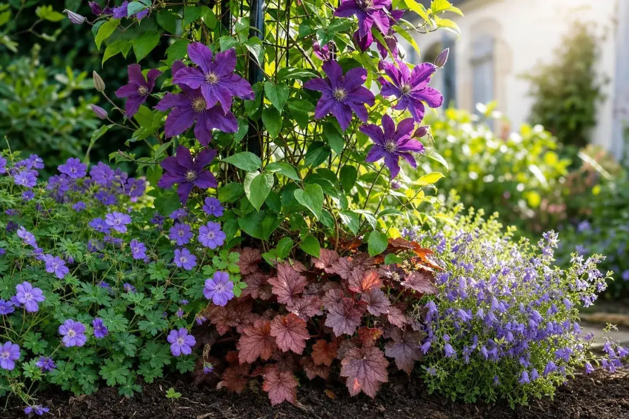Magnifique clematite aux fleurs violettes, entourée de géraniums bleus et de heuchères pourpres. Une belle exposition florale.