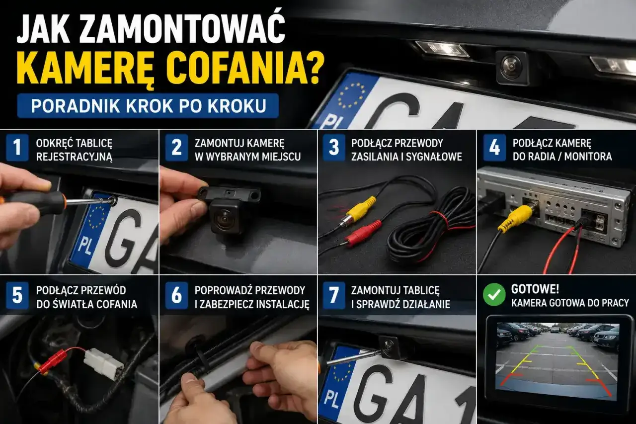 Poradnik krok po kroku: montaż kamery cofania. Od demontażu tablicy, przez podłączenie przewodów, aż po sprawdzenie działania.