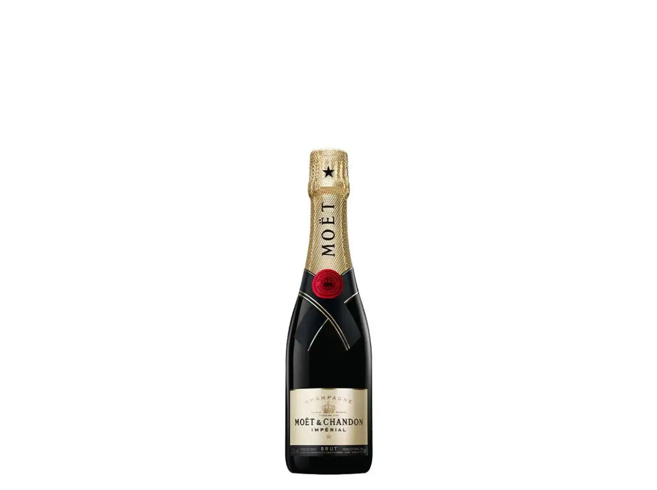 Mini Mo&euml;t & Chandon Imperial Brut Champagnerflasche mit goldenem Etikett und rotem Siegel.