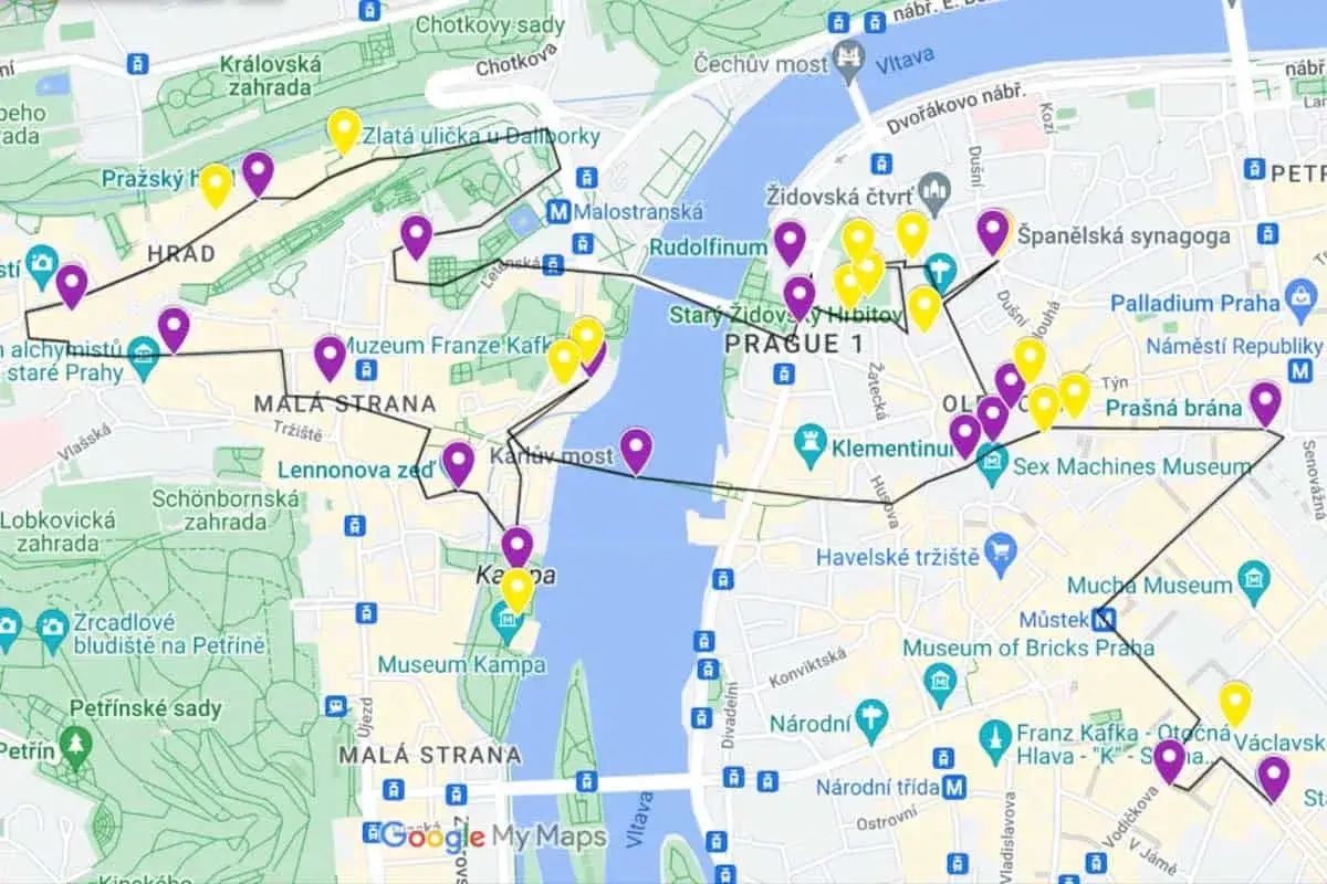 Map showing a walking route for Prague tours, highlighting landmarks like Prague Castle, Charles Bridge, and the Old Jewish Cemetery.