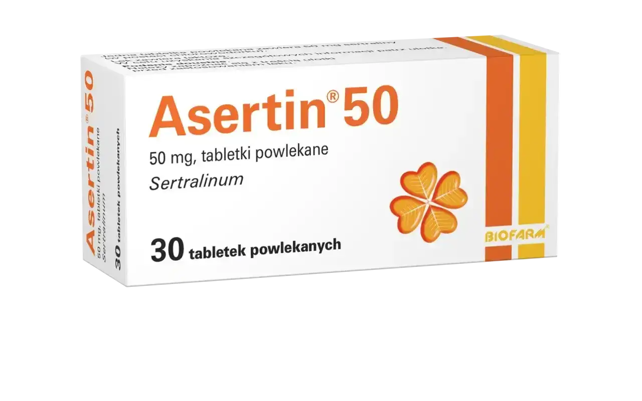 Opakowanie leku Asertin 50 mg, zawierające 30 tabletek powlekanych. Pudełko ozdobione jest czterolistną koniczyną, symbolizującą szczęście i dobre samopoczucie.