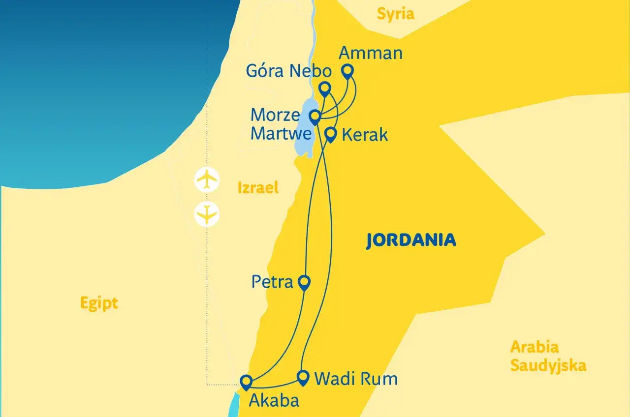 Mapa Jordanii z zaznaczonymi atrakcjami: Amman, Petra, Wadi Rum. Podróżni zastanawiają się, czy w Jordanii jest bezpiecznie, mapa pokazuje też Izrael, Egipt i Syrię.
