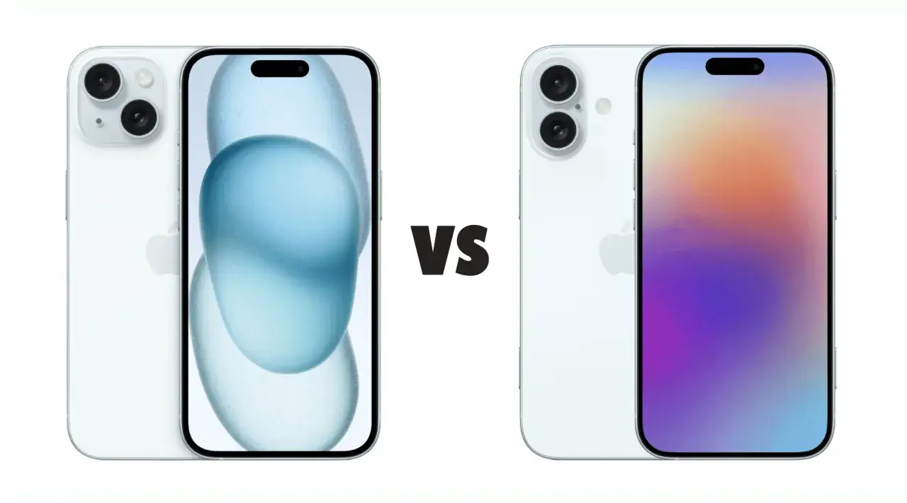 Porównanie iPhone 15 vs 16: dwa białe telefony z podwójnymi aparatami i różnymi tapetami na ekranie.