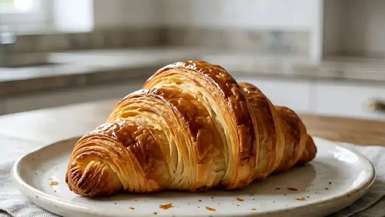 Un délicieux croissant maison, doré et feuilleté, posé sur une assiette en céramique.