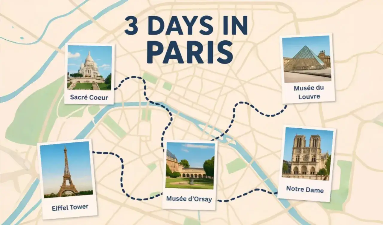 Mapa de París con ruta para ver en 3 días: Torre Eiffel, Sacré Coeur, Louvre, Notre Dame y Musée d'Orsay.