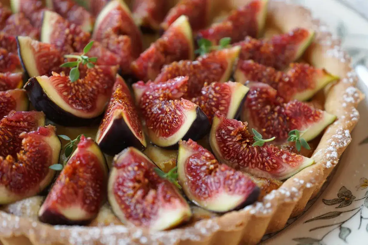 Tarte aux figues fra&icirc;chement pr&eacute;par&eacute;e, garnie de quartiers de figues juteuses et saupoudr&eacute;e de sucre glace. Une touche de verdure apporte une note de fra&icirc;cheur.