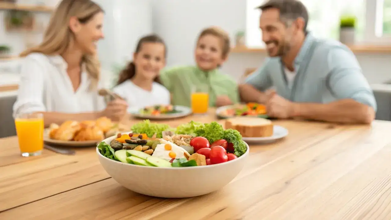 Familie genie&szlig;t ein gesundes Abendessen mit Kindern. Ein bunter Salat mit Gem&uuml;se und N&uuml;ssen steht im Vordergrund.