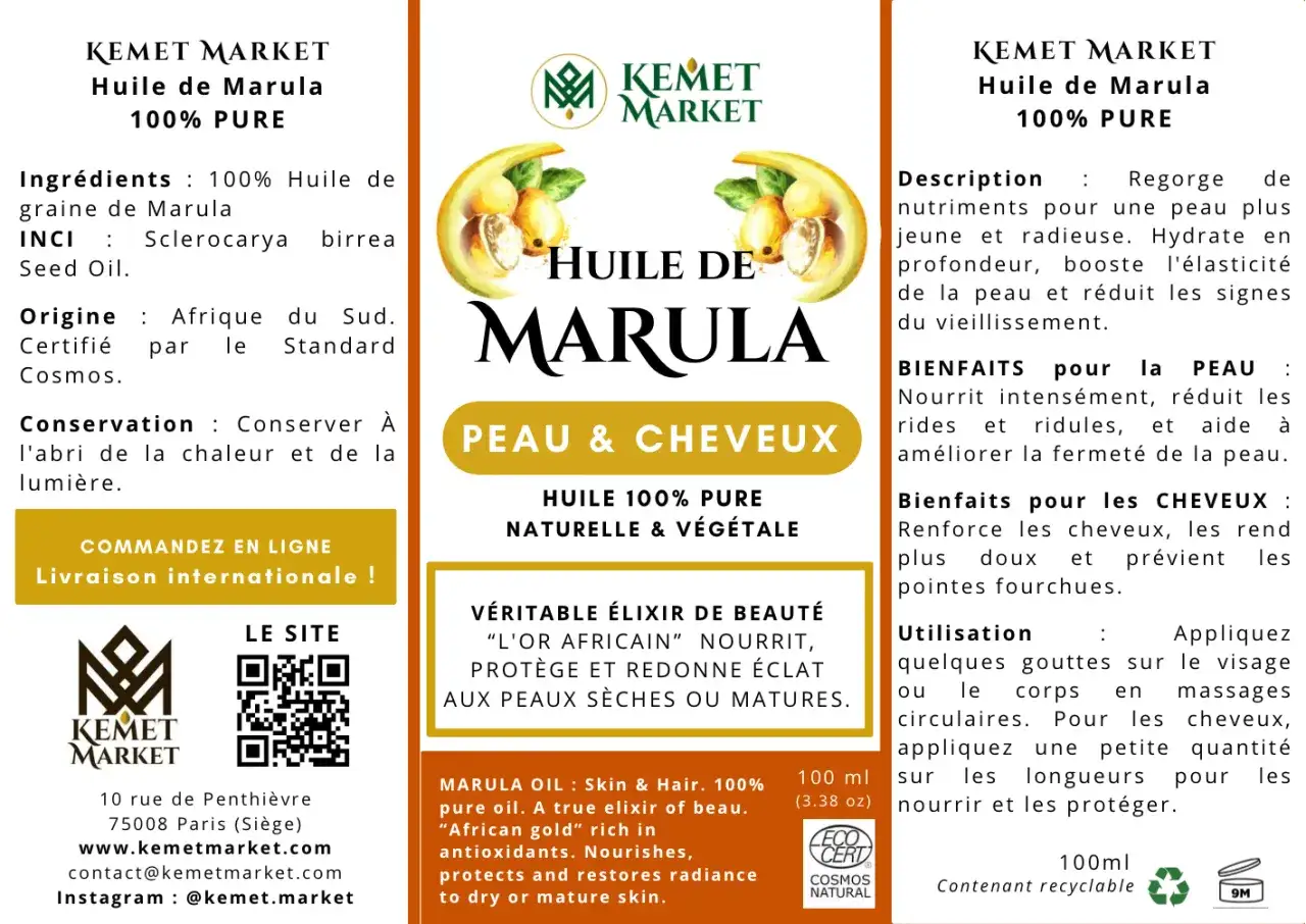Huile de marula 100% pure, un élixir africain pour peau et cheveux. Nourrit, protège et redonne éclat.