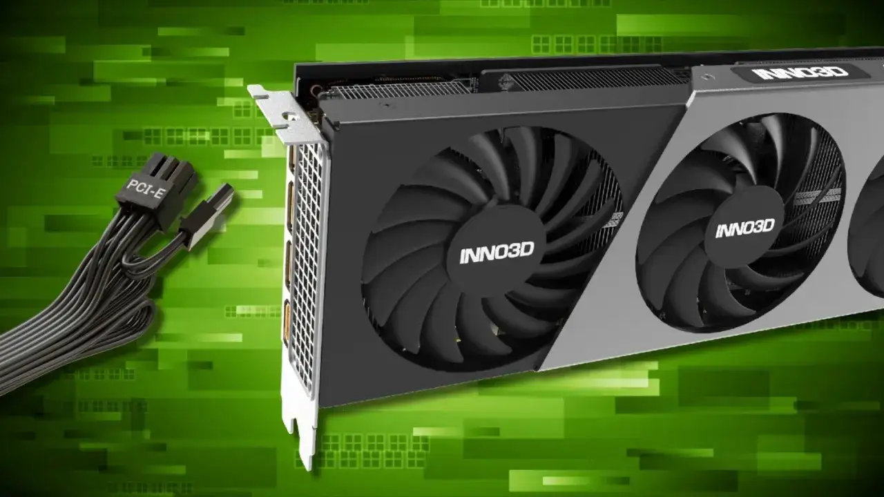 INNO3D RTX 4070 mit drei Lüftern und PCI-E Stromkabel. Der TDP ist für hohe Leistung ausgelegt.