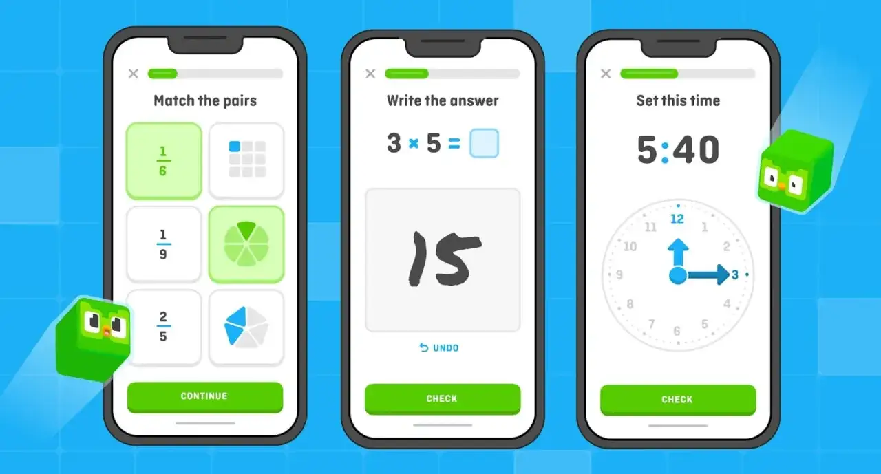 App matematica scuola primaria: tre schermate di un gioco educativo con frazioni, moltiplicazioni e orologio.