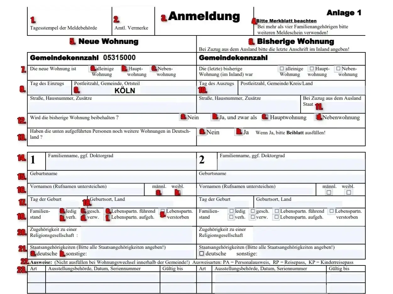 Formular zur Anmeldung einer neuen Wohnung in Köln.