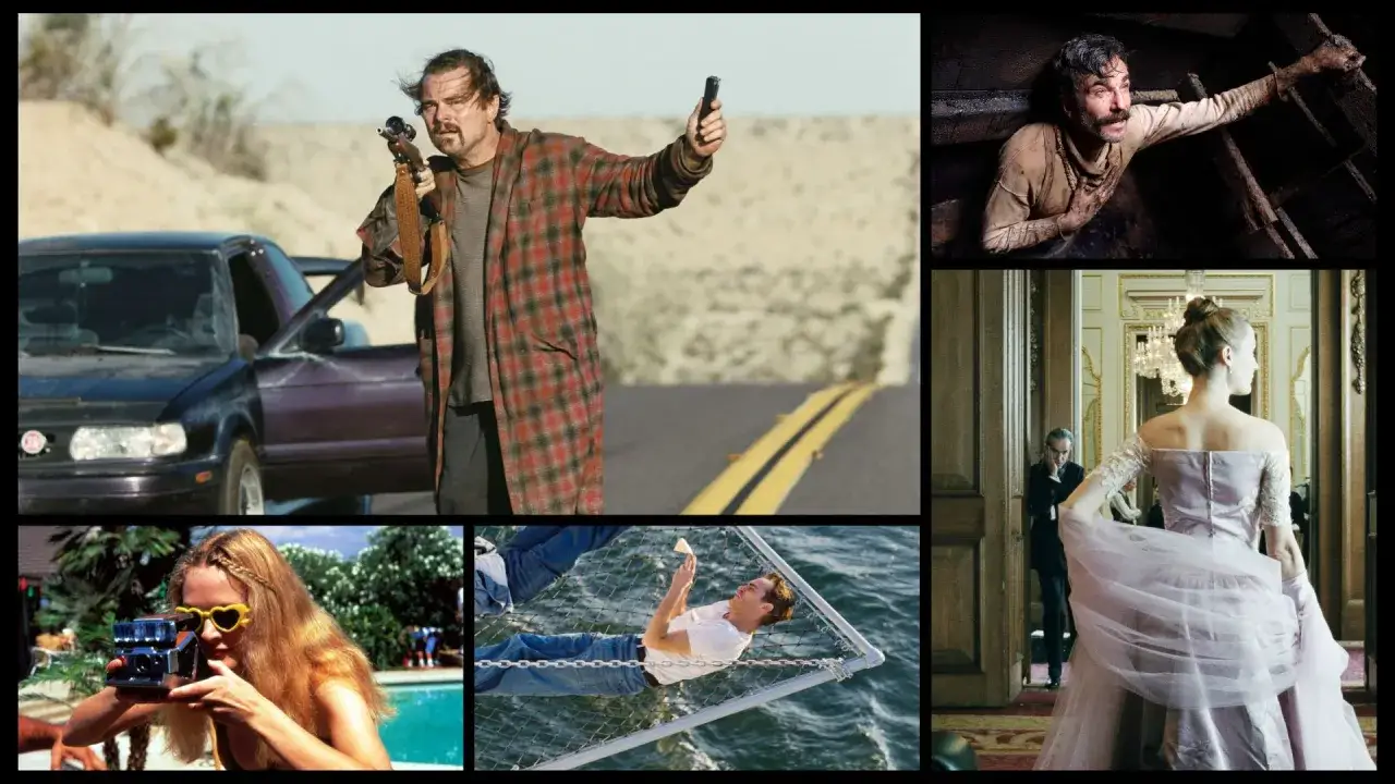 Collage med scener från Paul Thomas Andersons filmer: en man med gevär vid en bil, en annan man i en mörk grop, en kvinna med kamera och en man i en hängmatta.
