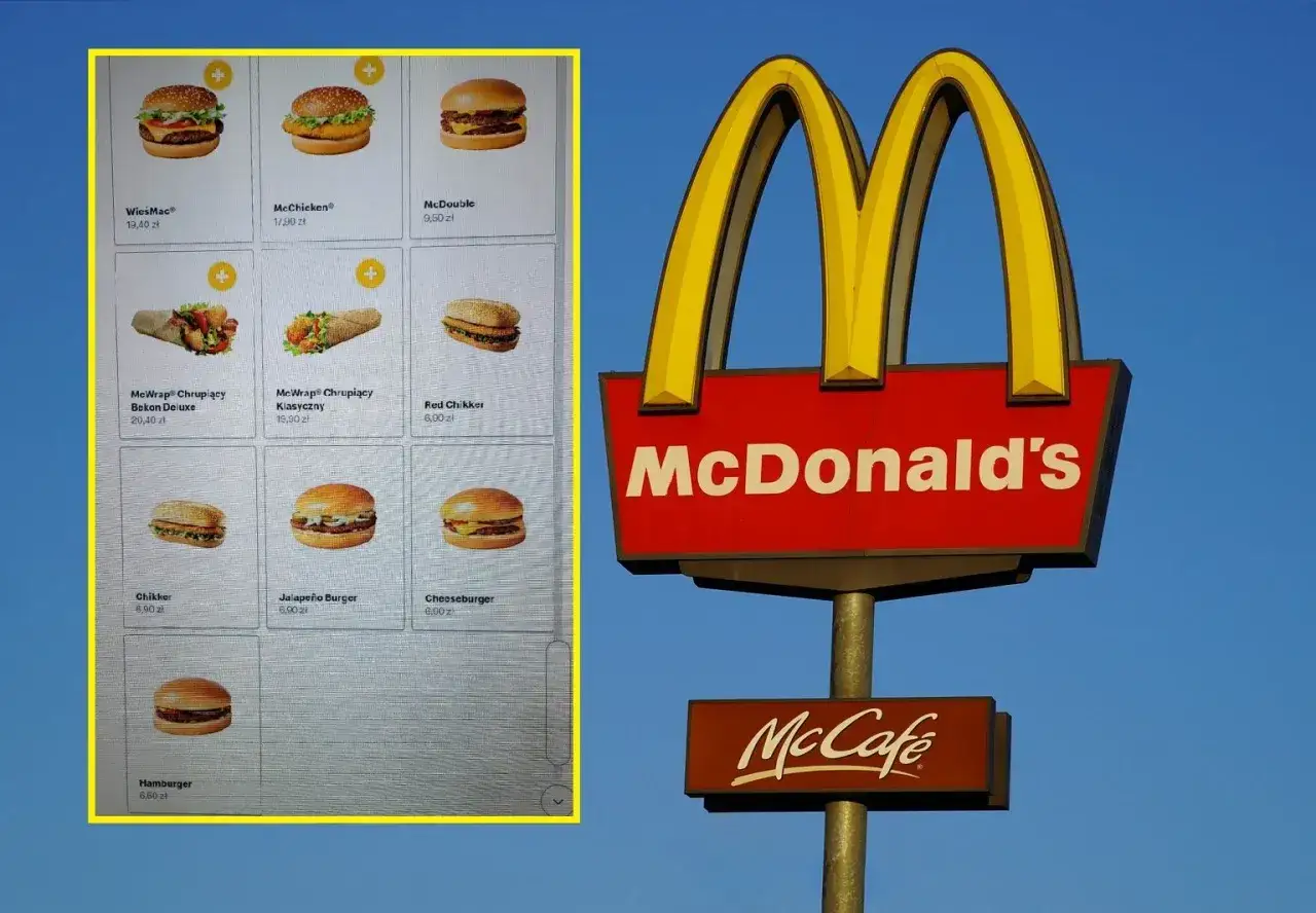 Menu McDonald's z cenami, w tym McChicken. Obok znak McDonald's.