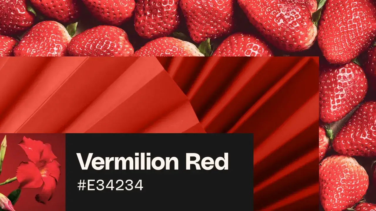Juicy strawberries and a vibrant red flower showcase various shades of vermilion.