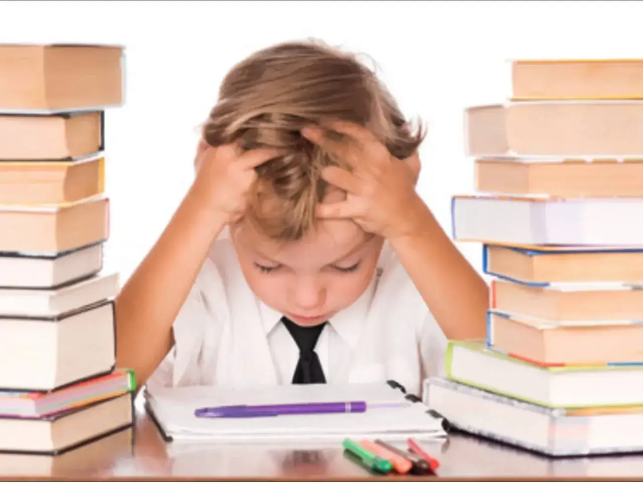 Bambino con mani tra i capelli, circondato da libri, mostra alcuni **adhd sintomi** come difficolt&agrave; di concentrazione e sovraccarico.