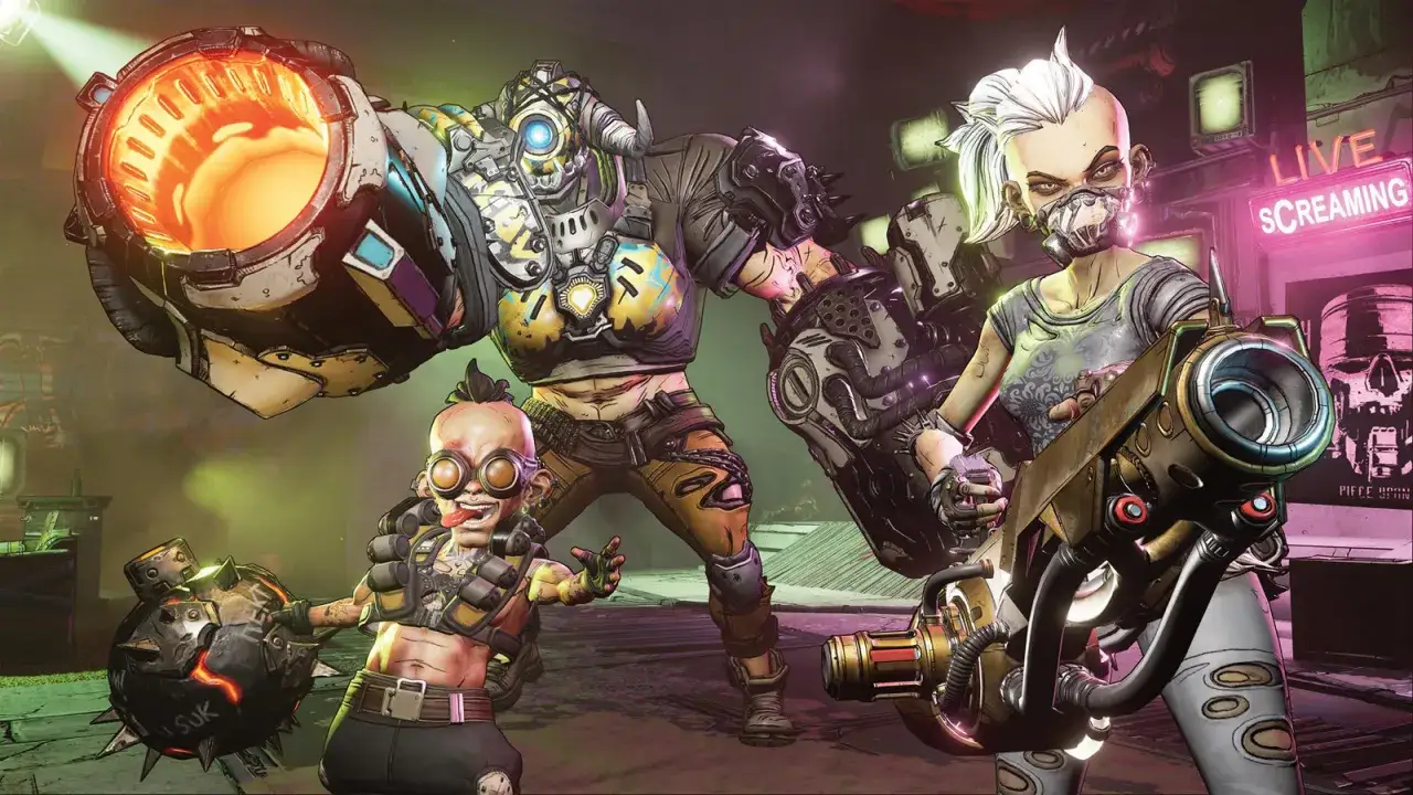 Trzy postacie z gry Borderlands, w tym potężny mężczyzna z wielkim działem, kobieta z maską i broń, oraz mały, złośliwy stwór z kolczastą kulą. Ich ekwipunek, w tym **gearbox**, sugeruje gotowość do walki.