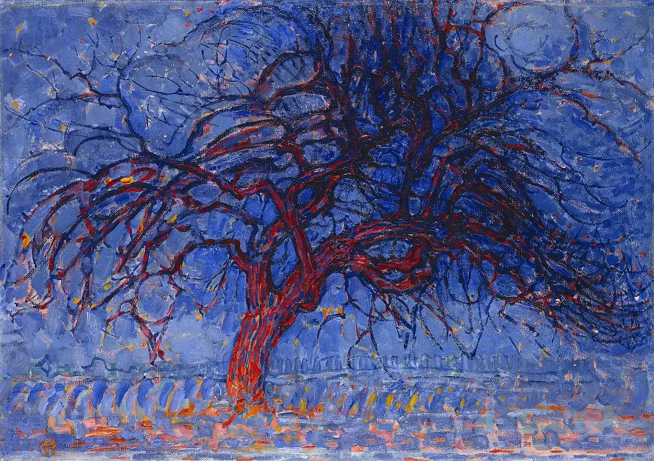Arbre aux branches rouges et bleues, style d'un peintre hollandais du 20&egrave;me si&egrave;cle.