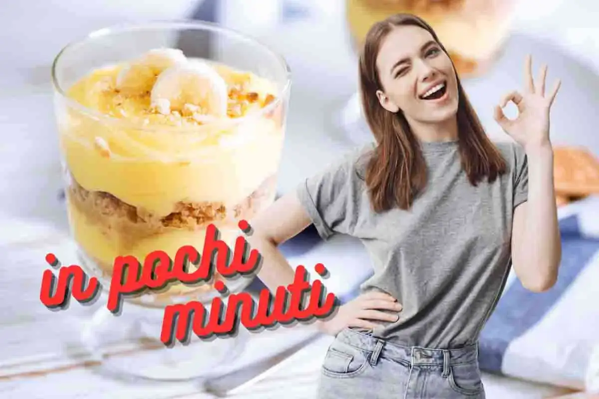 Budino ricetta della nonna in pochi minuti. Delizioso dessert con banana e biscotti, pronto per essere gustato.