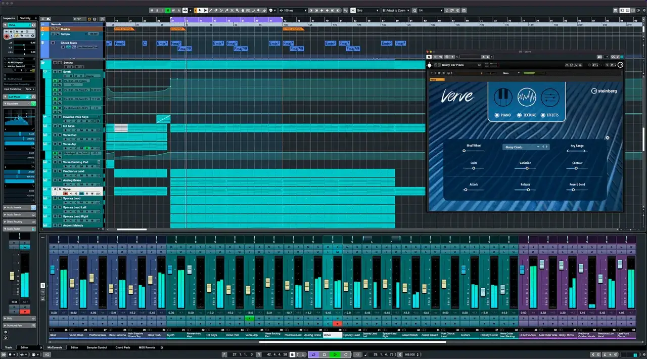Interface d'une application musicale montrant une piste de piano Verve avec des r&eacute;glages de texture et d'effets.