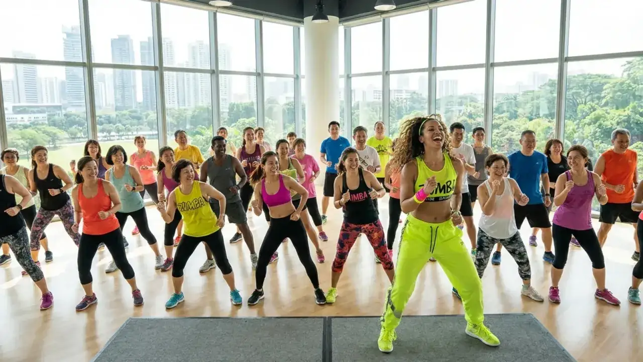 Radosna grupa ludzi tańczy zumbę, czerpiąc radość i energię z zajęć. Zumba co daje? Poprawia nastrój i kondycję!
