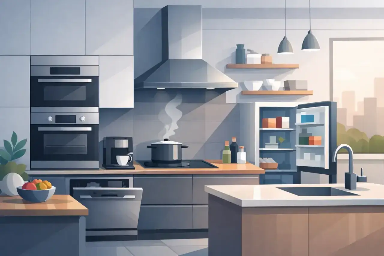 Nowoczesna kuchnia z piekarnikami, lodówką i okapem. Gorenje co to za firma? To producent sprzętu AGD, który tworzy takie stylowe wnętrza.