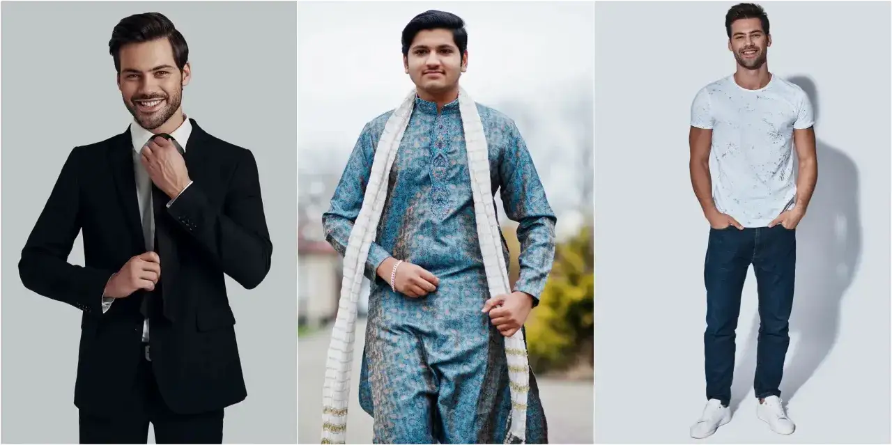 Drei M&auml;nner in verschiedenen Outfits: Anzug, traditionelles indisches Gewand und Jeans mit T-Shirt. Ein Beispiel f&uuml;r unterschiedlichen dress code.