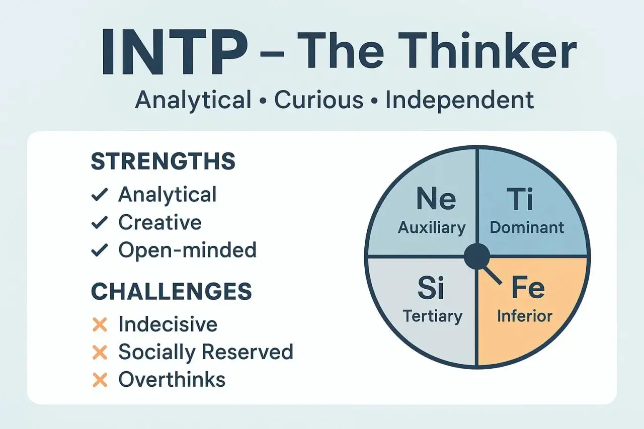 INTP - Analityczny, ciekawy, niezależny myśliciel. Mocne strony: analityczny, kreatywny. Wyzwania: niezdecydowany, introwertyczny.