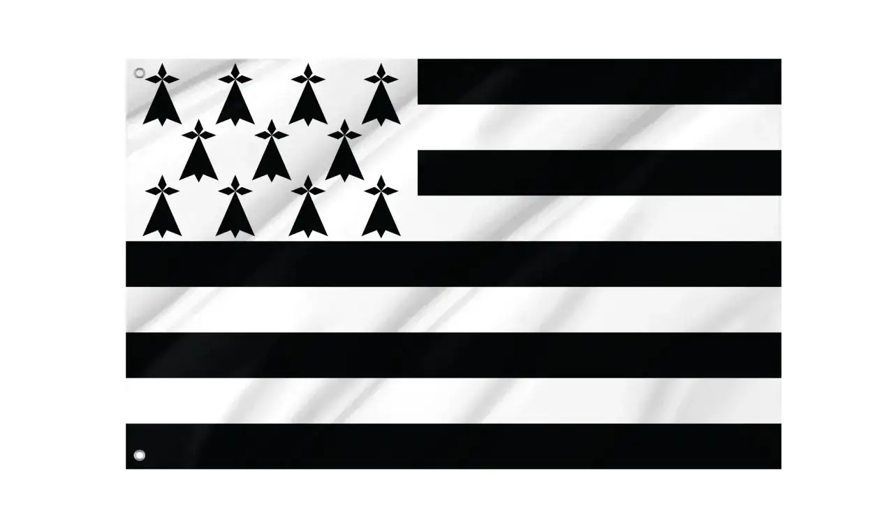 Bandera de Breta&ntilde;a, un s&iacute;mbolo de la Breta&ntilde;a francesa, con nueve franjas horizontales y un cant&oacute;n negro con armi&ntilde;os.