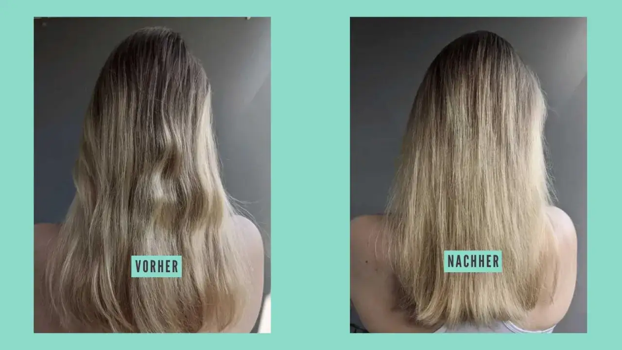 Vorher-Nachher-Vergleich: Blondes Haar wird durch eine Behandlung sichtbar glatter und gl&auml;nzender.