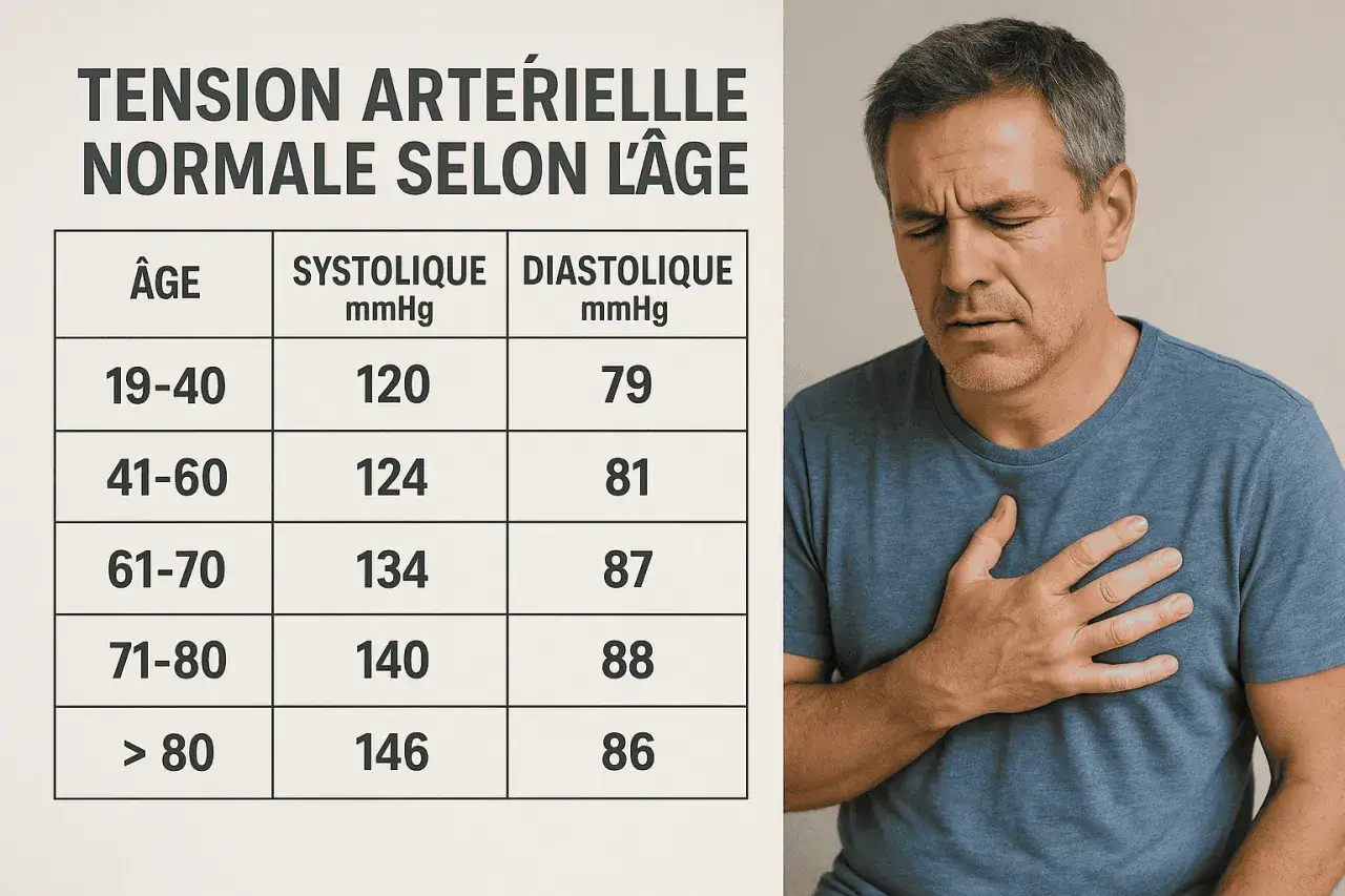Tableau : tension art&eacute;rielle normale selon l'&acirc;ge. Un homme se tient la poitrine, l'air inquiet.