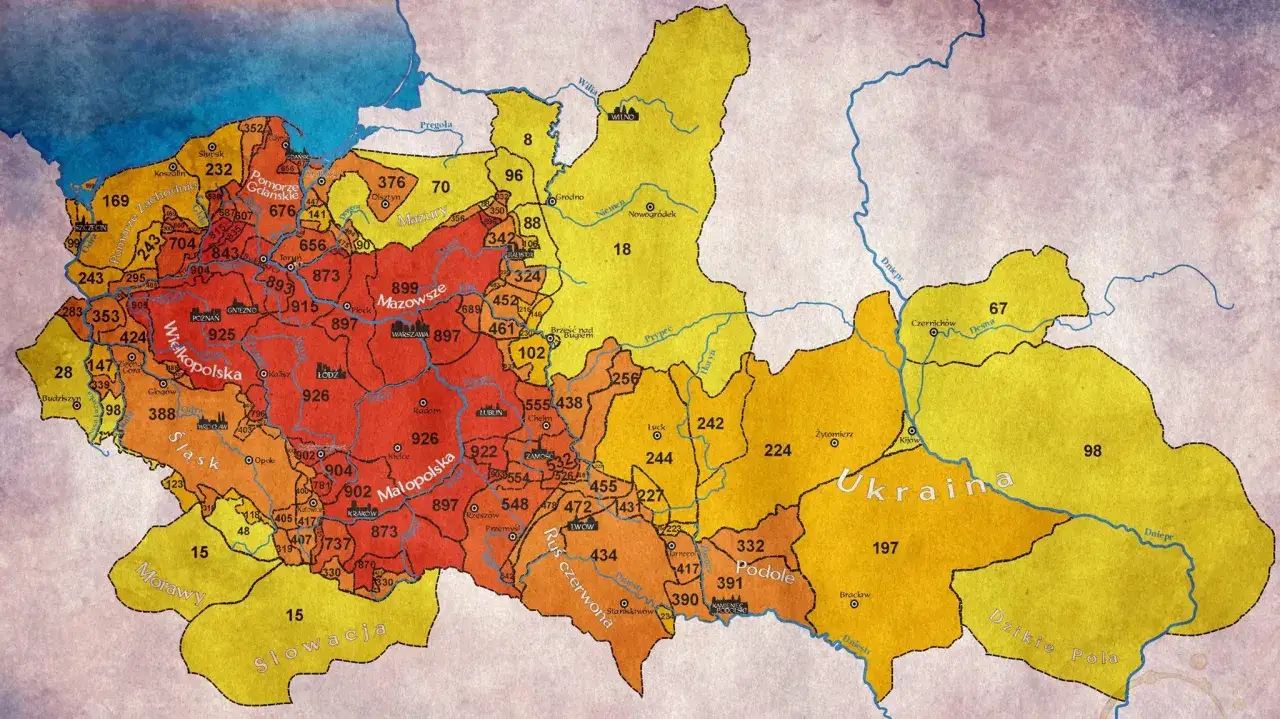 Mapa historyczna przedstawiająca teren dawnej Polski z podziałem na województwa i regiony, z zaznaczonymi miastami i rzekami.