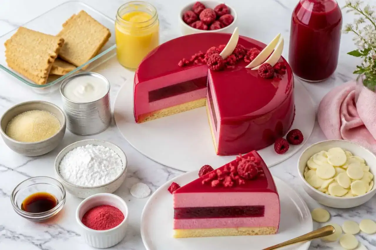 Un g&acirc;teau glac&eacute; &agrave; la ganache framboise, aux couches roses et rouges, d&eacute;cor&eacute; de fruits frais. Ingr&eacute;dients de p&acirc;tisserie dispos&eacute;s autour.