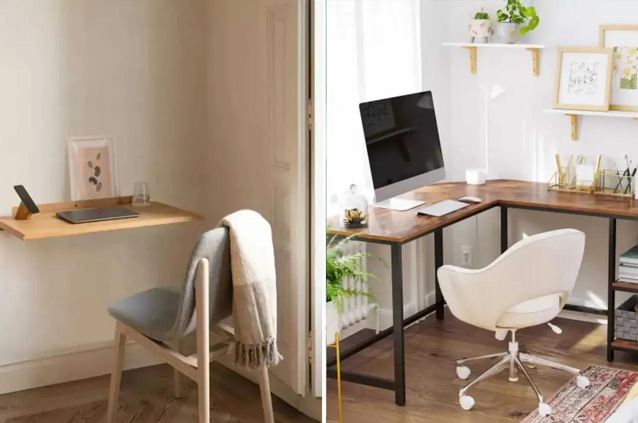 Id&eacute;es pour transformer une chambre en bureau : un petit bureau mural minimaliste et un grand bureau d'angle fonctionnel.