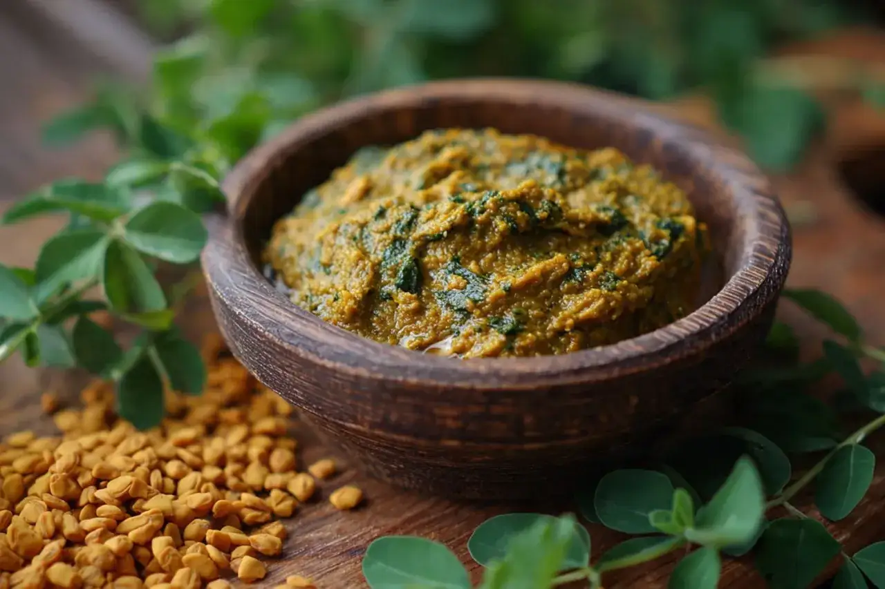 Pesto z kozieradki, z nasionami i liśćmi w tle. Poznaj, jak smakuje kozieradka w tej aromatycznej paście.