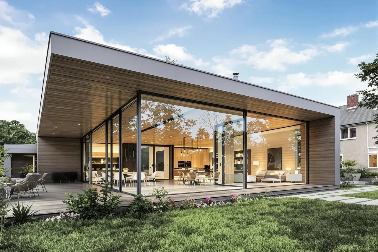 Une extension maison contemporaine avec de grandes baies vitrées, une terrasse en bois et un jardin verdoyant. L'intérieur lumineux révèle une cuisine et un salon modernes.