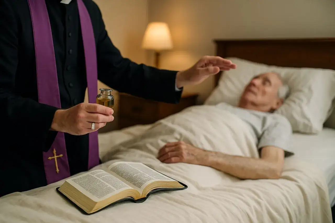 Kapłan udziela komunii ciężko choremu. Obok leży otwarta Biblia.