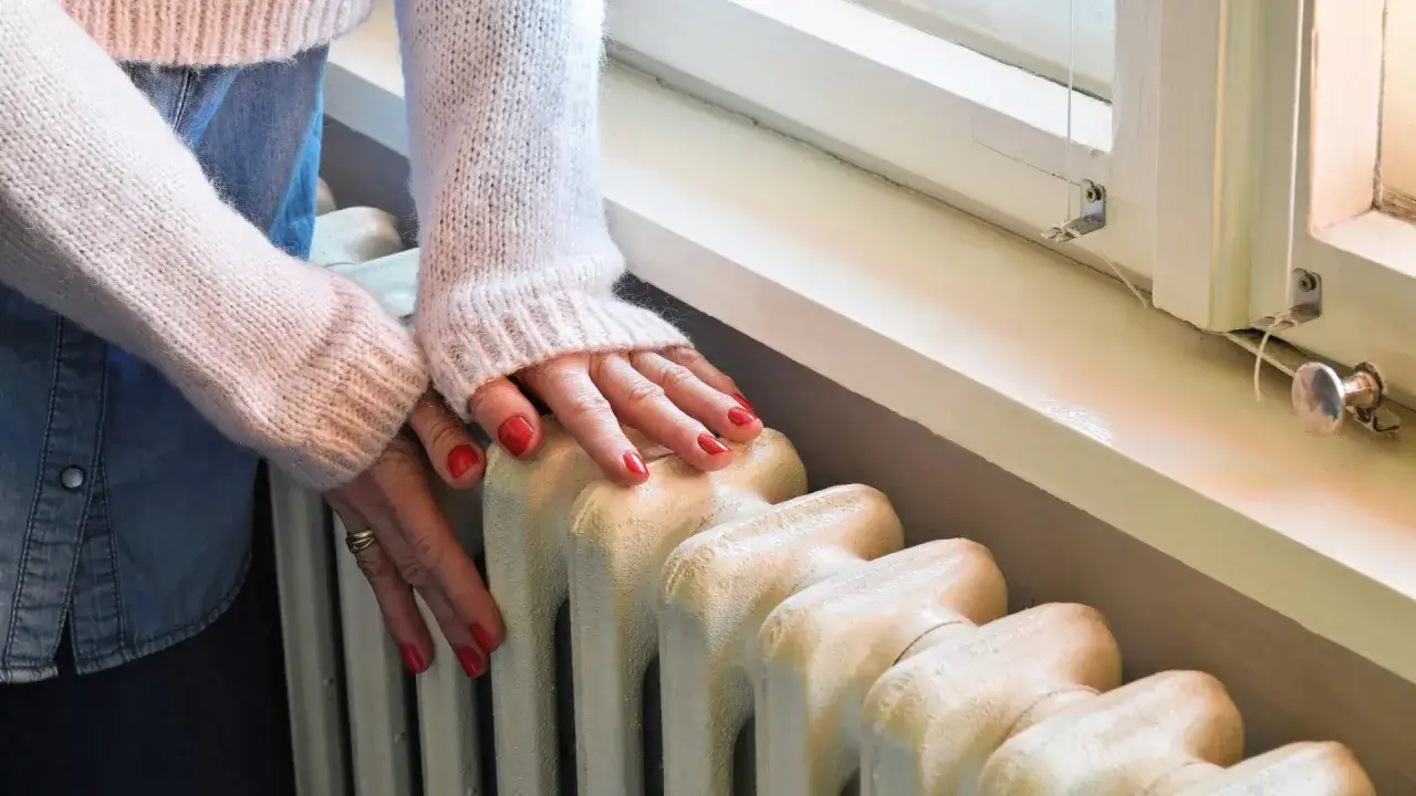 Manos con uñas rojas sobre un radiador antiguo. Quizás buscando cómo bajar la presión de la caldera para un hogar más eficiente.