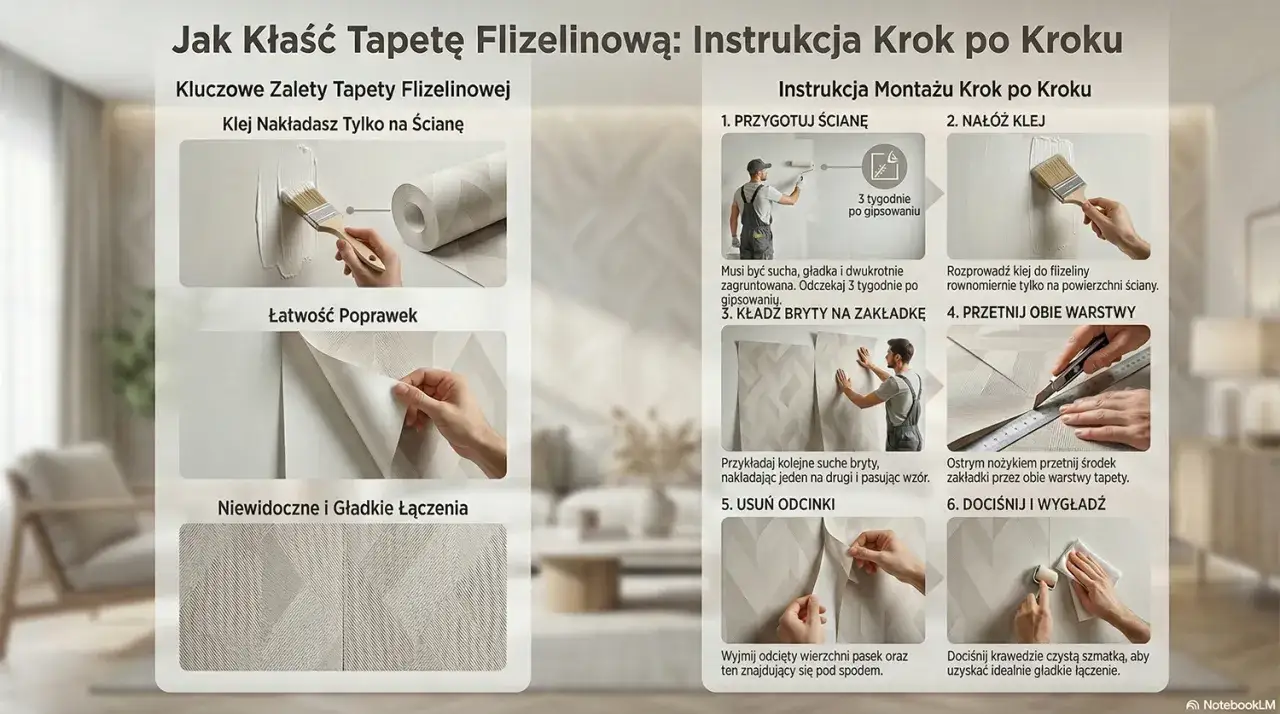 Instrukcja jak kłaść tapetę na flizelinie: klej na ścianę, przyklejaj bryty na zakładkę, przetnij obie warstwy, dociśnij i wygładź. Efekt: gładkie łączenia.