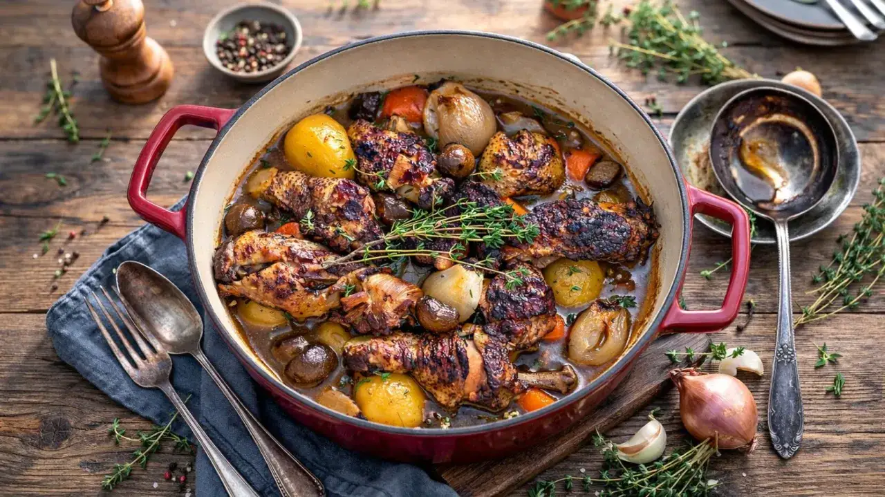 Herzhaftes Coq au Vin Rezept: H&auml;hnchenteile schmoren mit Kartoffeln, Zwiebeln und Pilzen in einem tiefen Br&auml;ter.