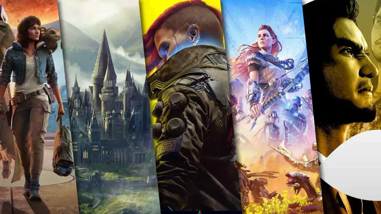 Kobieta z gadem, Hogwart, postać z Cyberpunk 2077, Aloy z Horizon Forbidden West i mężczyzna z gry Star Wars Jedi: Survivor – to wszystko świetne gry na PS5.