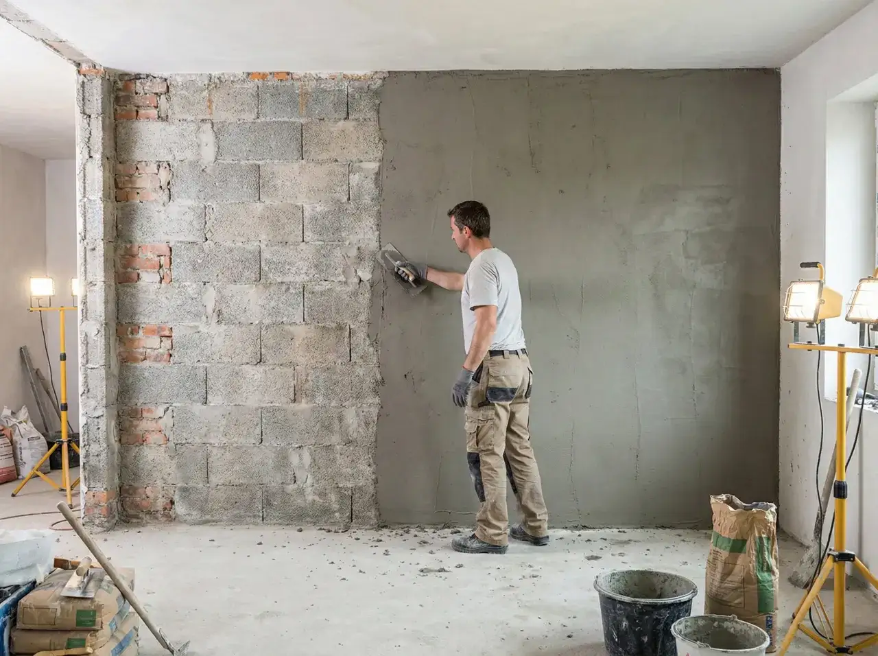 Budowlaniec nakłada tynki wapienne na ścianę z pustaków. W tle materiały budowlane i oświetlenie.