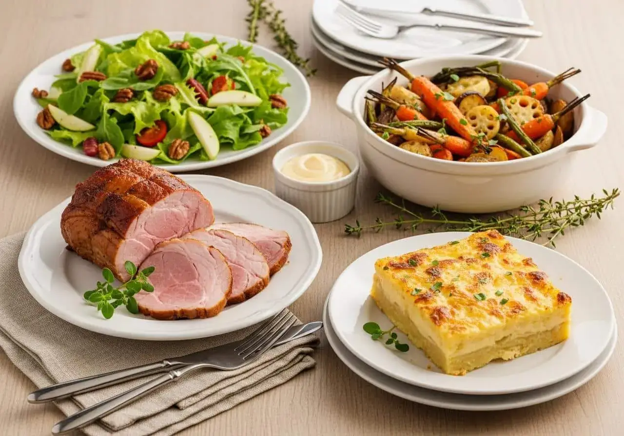 Un rôti de porc froid tranché, servi avec une salade verte aux noix et pommes, des légumes rôtis, un gratin dauphinois et une sauce. Parfait pour un repas d'été.