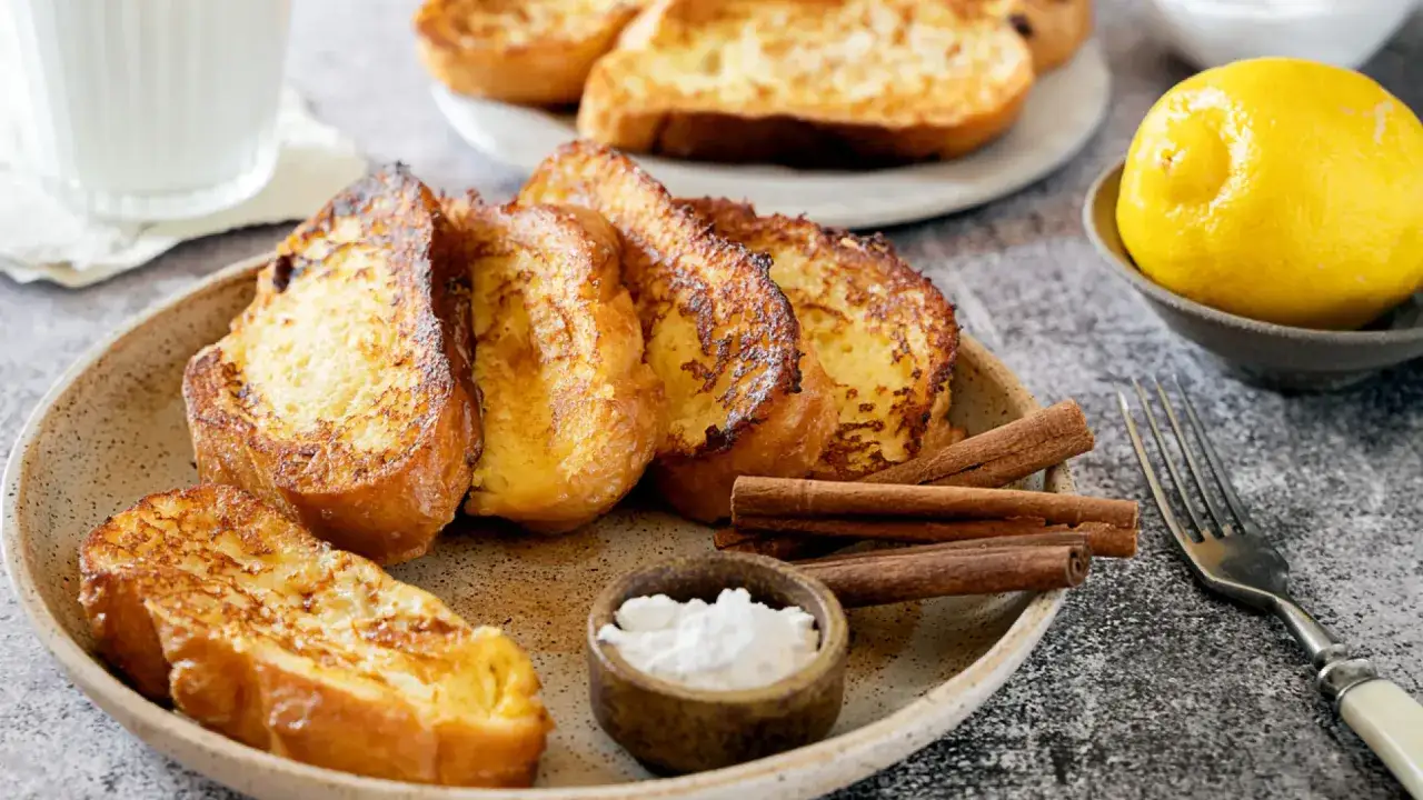 Torrijas doradas con leche condensada, canela y limón. Un postre casero irresistible.