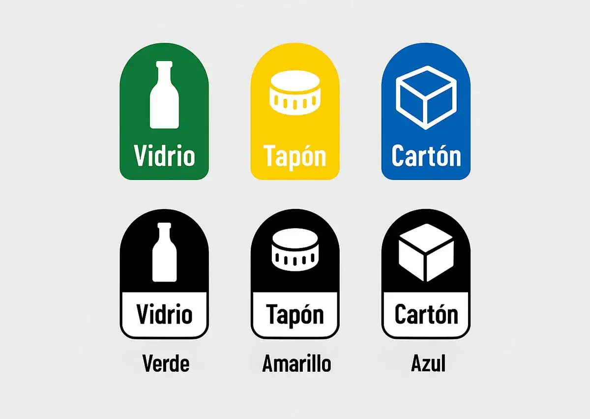 Seis contenedores con el símbolo de reciclaje: vidrio (verde), tapón (amarillo) y cartón (azul), y sus versiones en negro con texto de color.